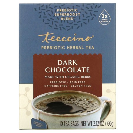 Teeccino Dark Chocolate - Prebiotic SuperBoost Herbal Tea - Support Your Probiotics with Prebiotics for Good Gut Health  Digestive Chocolate Tea  10 T